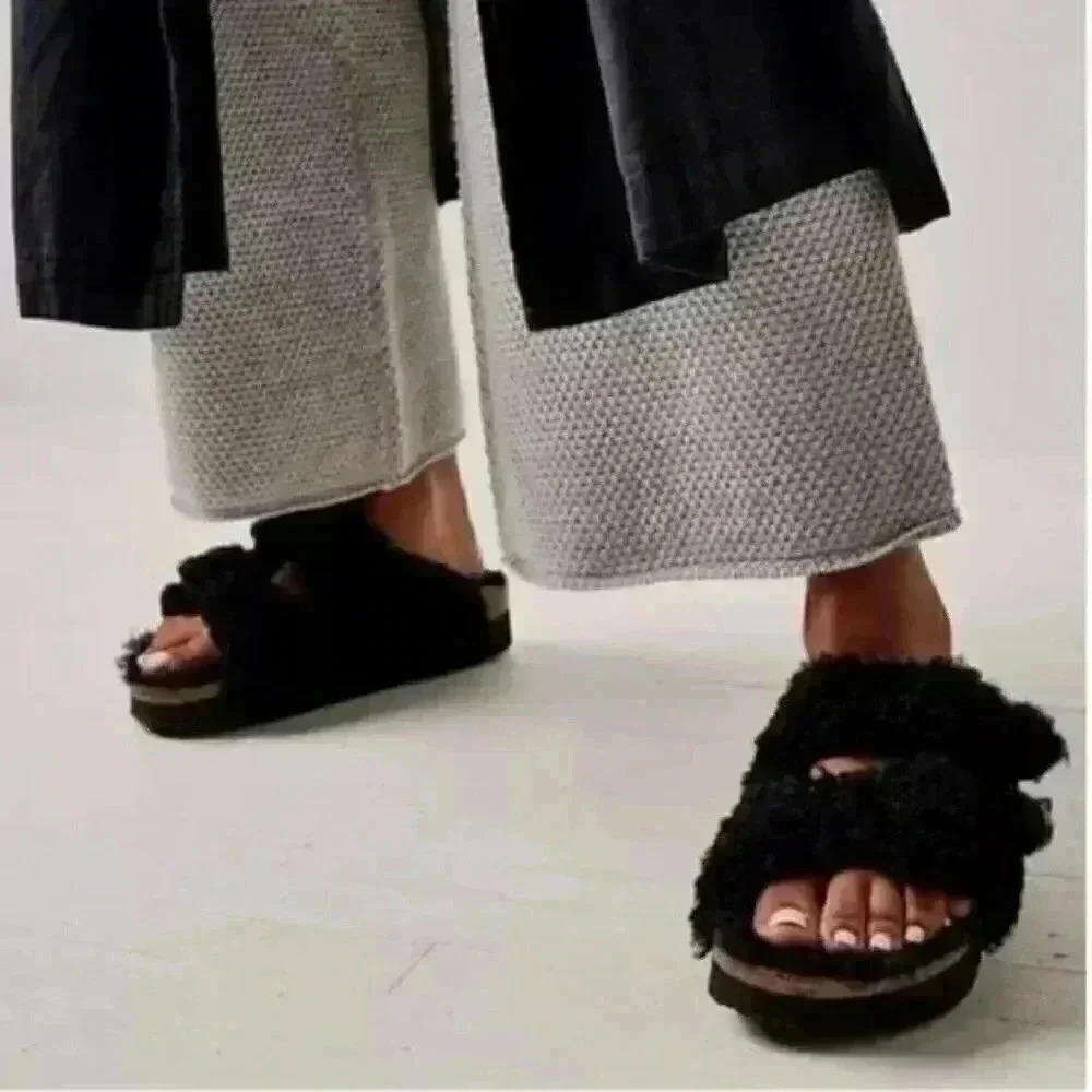 Birkenstock Arizona Teddy Shearling Platform Sandals Black Big Buckle 38 US 7